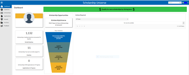 Print Screen of the Scholarship Universe Dashboard showing scholarship opportunities available