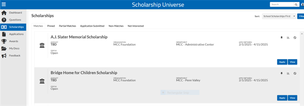 Screenshot of sample scholarships listed in Scholarship Universe