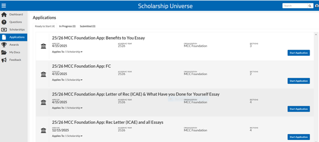 screenshot of Scholarship Universe application page showing sample items needed to complete an application