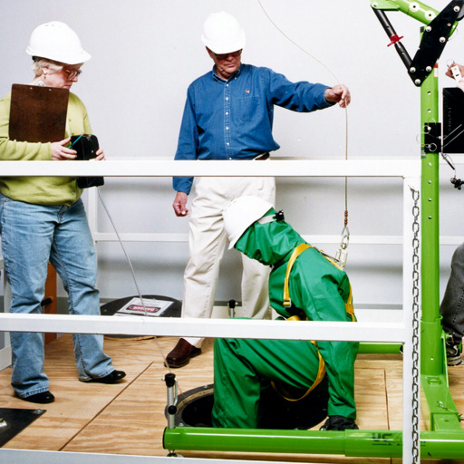 Students wearing hard hats observe confined space entry training as a participant in protective gear descends into a simulated work area.