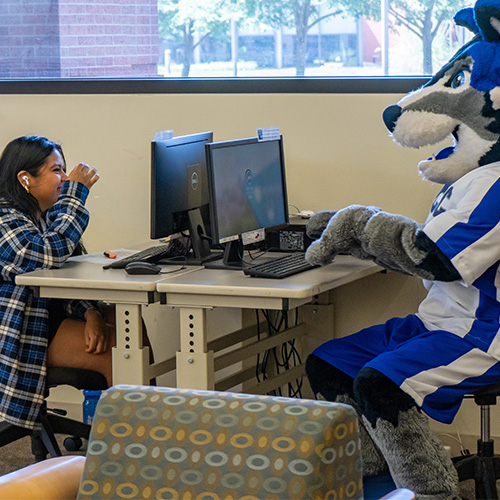MCC Wolf and student at computers