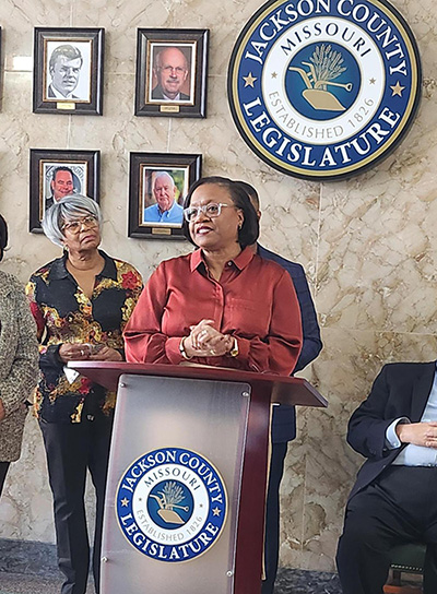 Dr. Kimberly Beatty speaking at the Jackson County, MO Legislature Press conference
