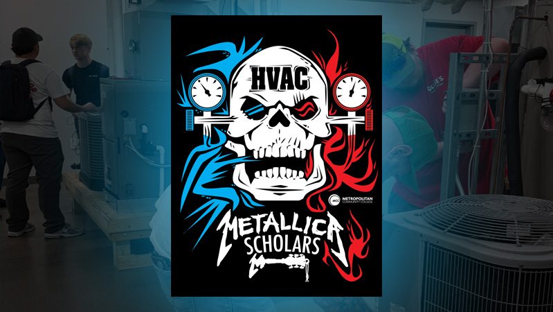 Graphic featuring an HVAC-themed skull design with pressure gauges, blue and red flame elements, and Metallica Scholars program branding.