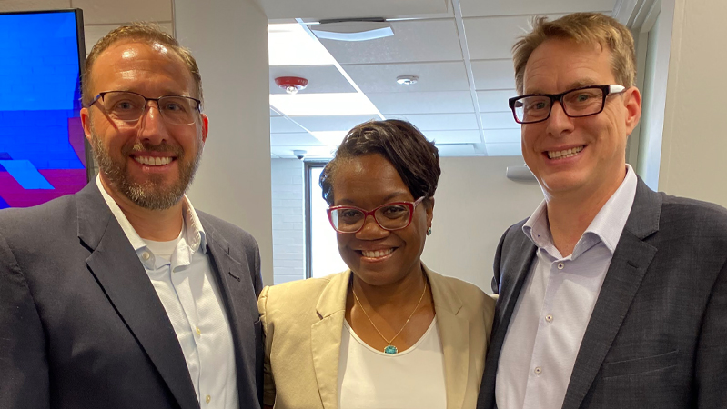 MCC Foundation board chair Bret Bonge (from left), Chancellor Kimberly Beatty and Board of Trustees president Trent Skaggs